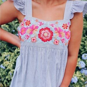Sky Blue Floral Embroidered Striped Ruffled Sleeveless Mini Dress